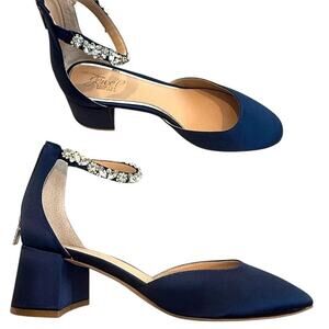 Jewel Badgley Mischka Navy Satin Block Heel Pumps with Crystal Ankle Strap